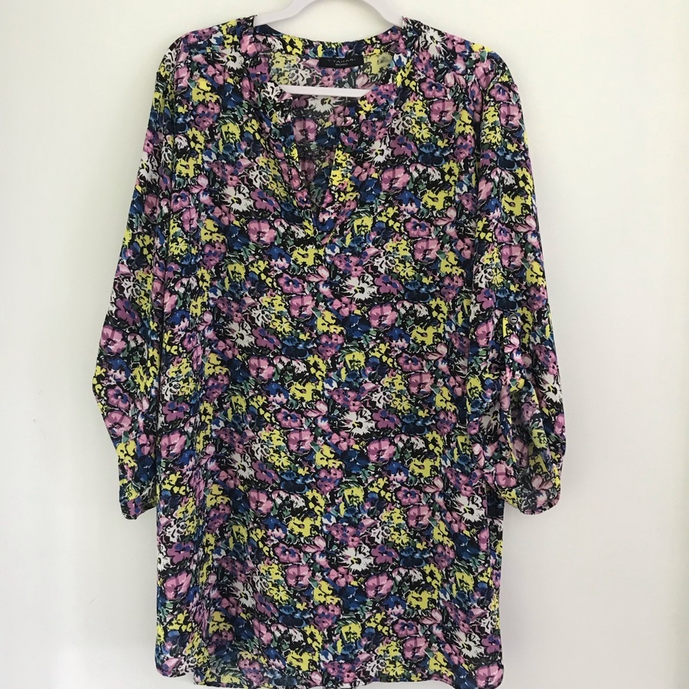 T Tahari Floral V-Neck Tunic Blouse - Purple, Yellow, Blue 2X